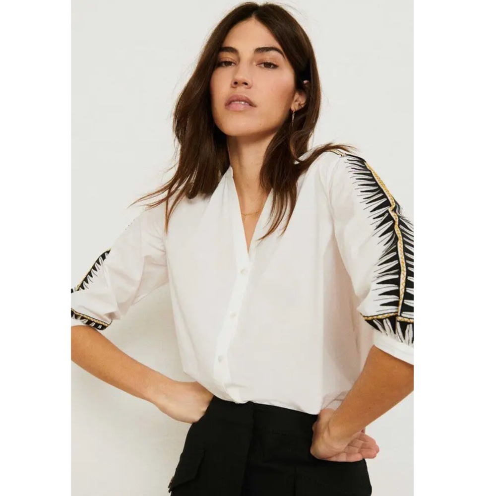 BA&SH  'Divine' White Organic Cotton Embroidered Button Front  Shirt - XS